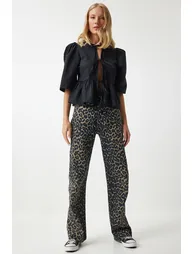 Women's Black Brown Leopard Patterned Straight Jeans - 3