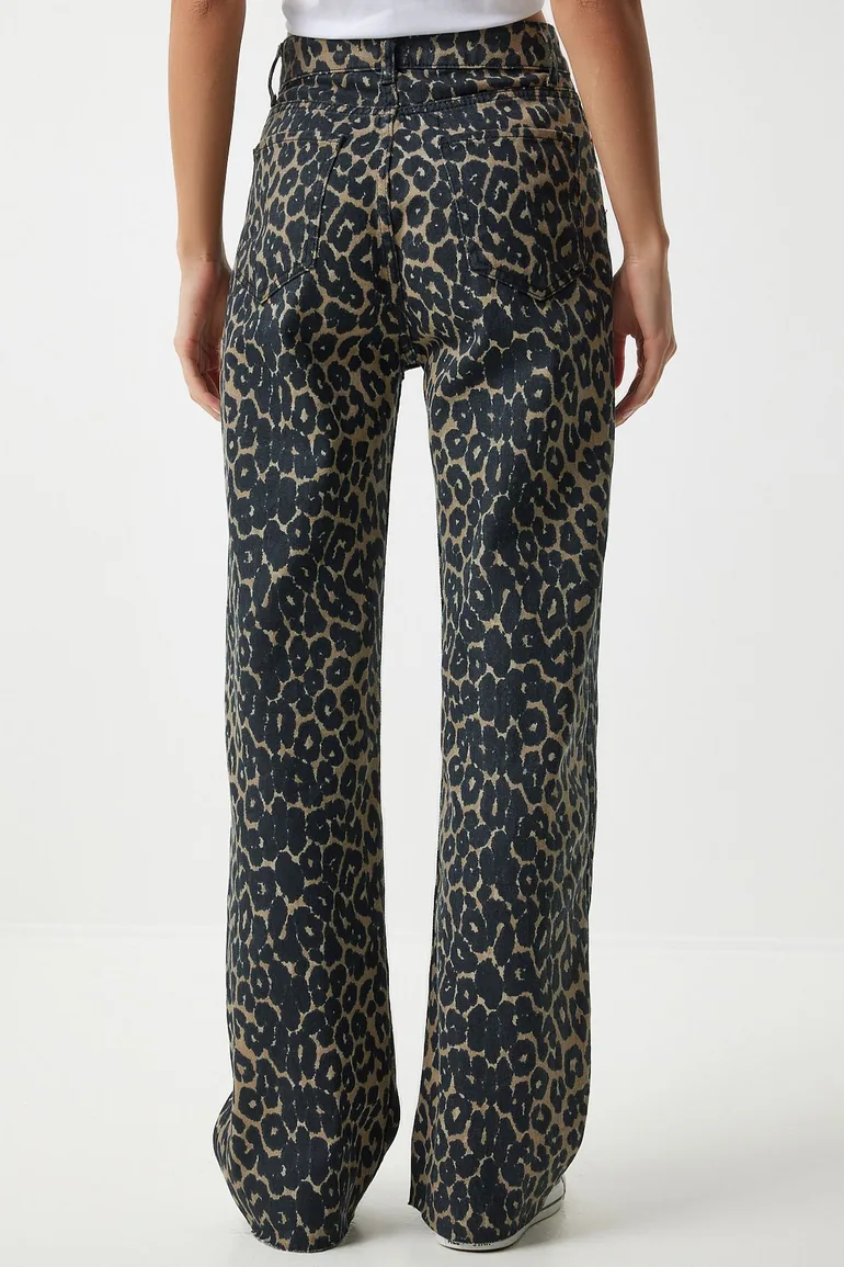 Women's Black Brown Leopard Patterned Straight Jeans - 6
