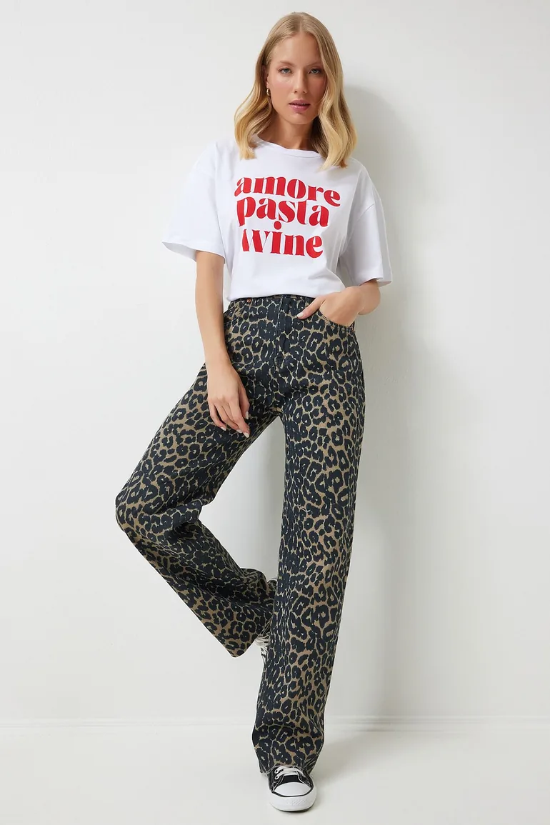 Women's Black Brown Leopard Patterned Straight Jeans - 4