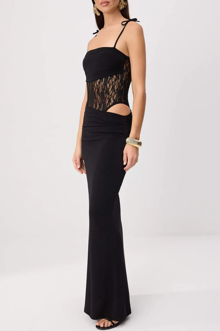 Black Plain Woven Tulle Maxi Evening Dress & Graduation Dress - 2