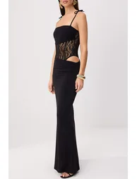 Black Plain Woven Tulle Maxi Evening Dress & Graduation Dress - 2