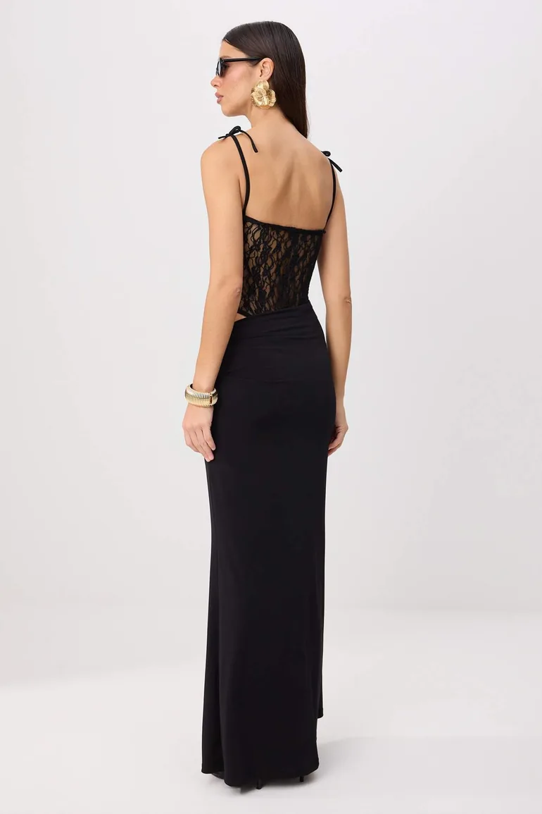 Black Plain Woven Tulle Maxi Evening Dress & Graduation Dress - 3