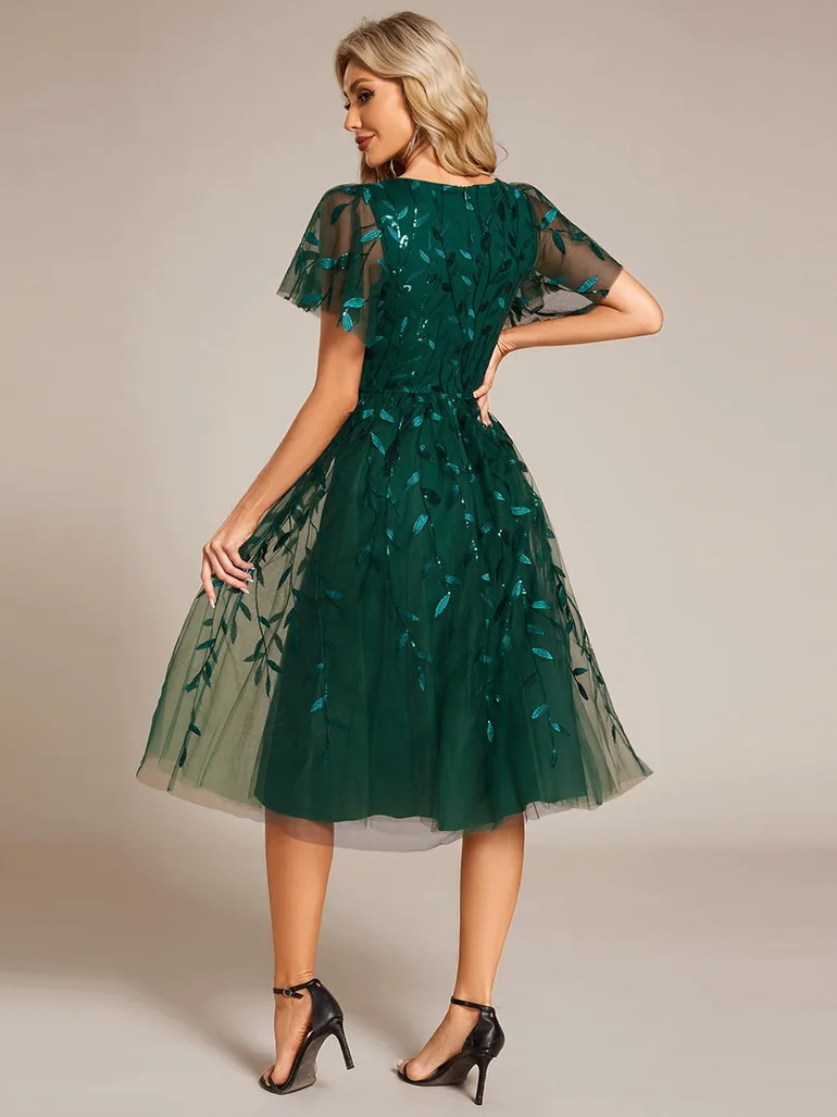 ever SIMONE|Short Sleeves Leaf Sequin A-Line Midi Formal Wedding Guest Dress - 1