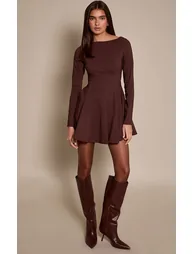 فستان إستريتش بكسرات بأكمام طويلة - بني - 2