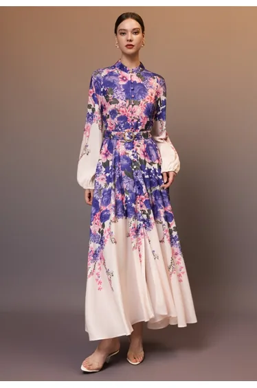 Artful Purple Bloom Puff Sleeve Belted Maxi Dress