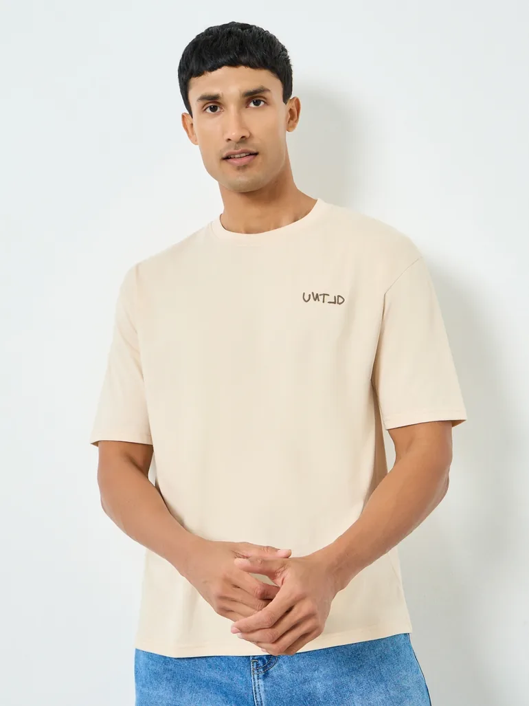 Men Beige Embossed Print Oversized T-Shirt - 2