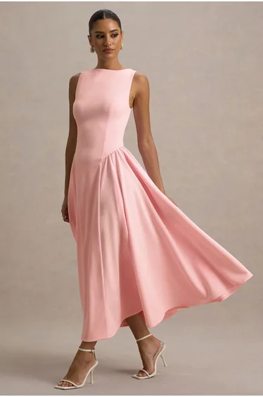 Muriel | Pink Boat-Neck Volume-Hem Midi Dress