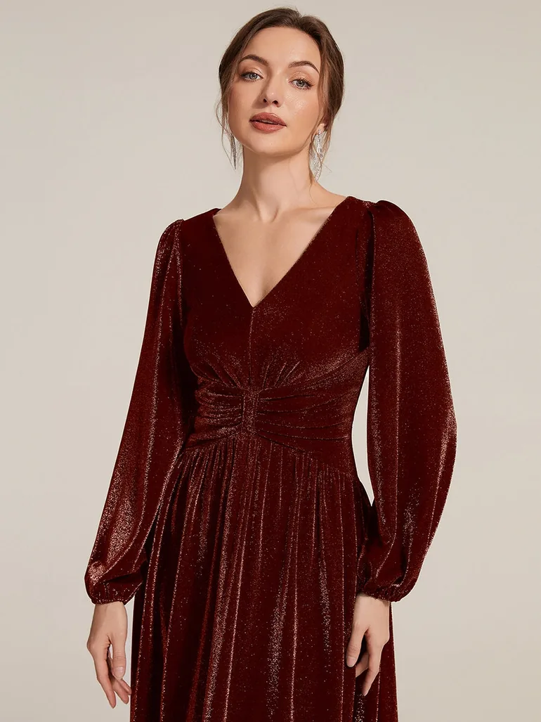 Long Sleeve Puff Sleeve V-Neck A-Line High Stretch Maxi Evening Dresses - 2