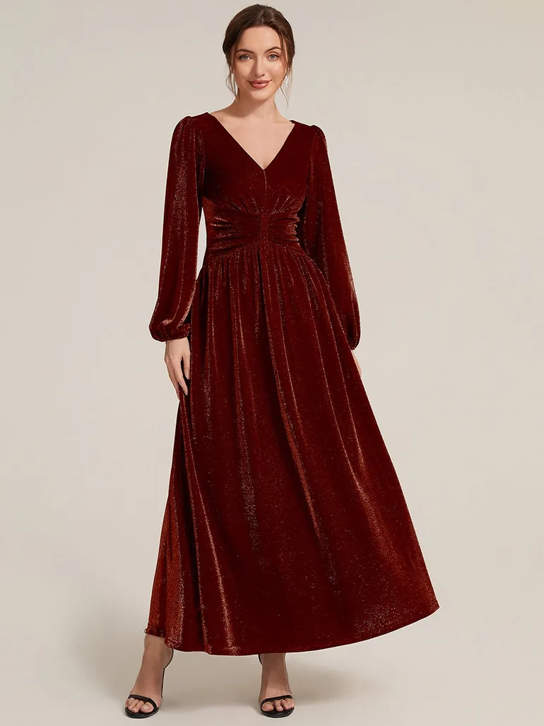 Long Sleeve Puff Sleeve V-Neck A-Line High Stretch Maxi Evening Dresses