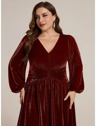 Long Sleeve Puff Sleeve V-Neck A-Line High Stretch Maxi Evening Dresses - 7