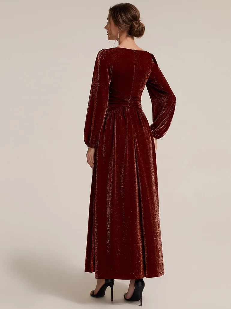 Long Sleeve Puff Sleeve V-Neck A-Line High Stretch Maxi Evening Dresses - 1