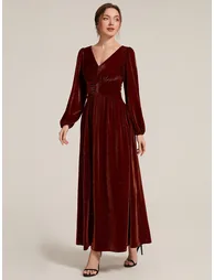 Long Sleeve Puff Sleeve V-Neck A-Line High Stretch Maxi Evening Dresses - 3