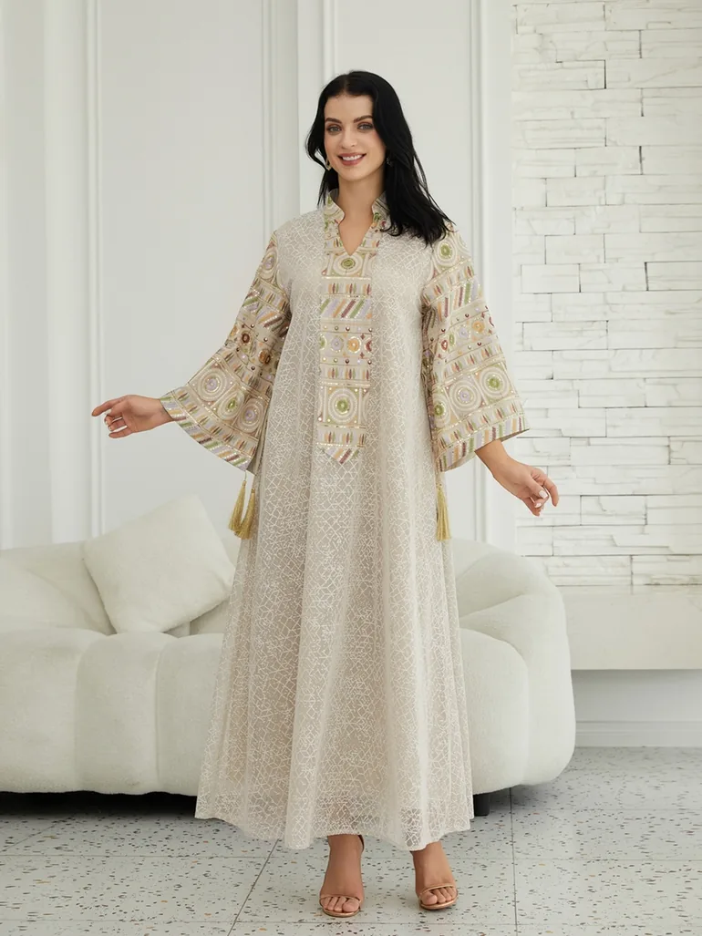 Beige Textured Sequin Patch A-Line Jalabiya - 2