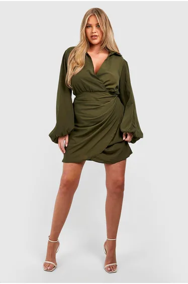 Plus Blouson Sleeve Wrap  Dress - khaki