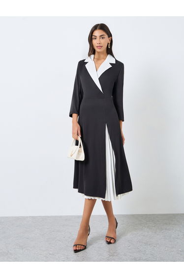 Color Block Pleated Insert Blazer Midi Dress