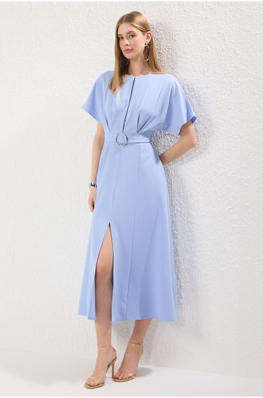 Light Blue Belted Skirt Opening at Waist Dress