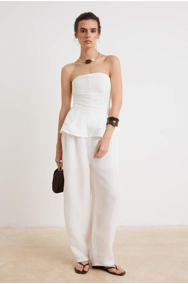 White Linen Strapless Blouse Bottom - Top Set