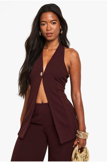 Crepe Gold Button Front Longline Waistcoat