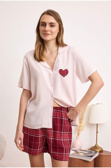 Ecru-Burgundy Plaid / Checkered Shally Woven Pajama Set