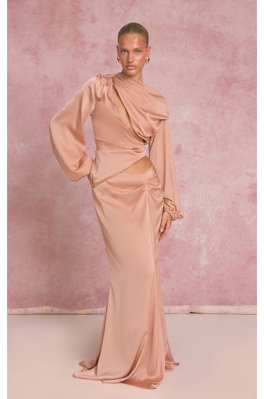 Peach Satin Dipped Waist Maxi Skirt