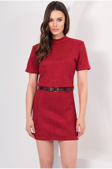 Women's Burgundy Mock Neck Stitch Detail Short Sleeve Suede Blouse and Mini Skirt Set