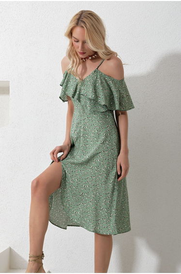Women's Khaki Rope Strap Frilly Front Floral Pattern Woven Dress