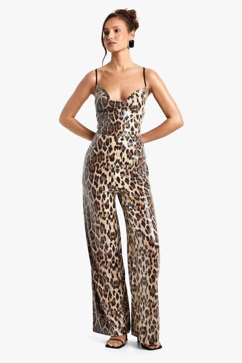 Leopard Sequin Cowl Neck Wide Leg Jumpsuit - brown - 2