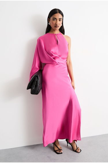 One Shoulder Twist Front Keyhole Satin Maxi Dress