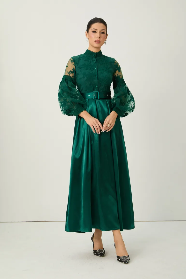 Perfectly Flirtatious Green Sheer Lace Sleeve Maxi Dress - 3