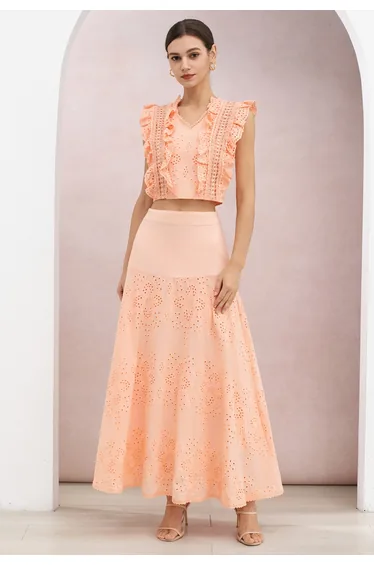 Eyelet Embroidery Ruffle Sleeveless Crop Top and Maxi Skirt Set in Warm Coral for Beach Weddings & Sunset Dates