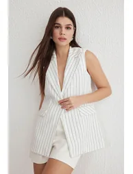 White Oversized Jacket Collar Long Striped Vest Waistcoat - 3