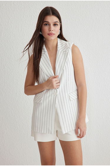 White Oversized Jacket Collar Long Striped Vest Waistcoat