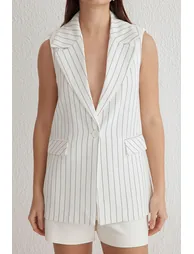 White Oversized Jacket Collar Long Striped Vest Waistcoat - 1