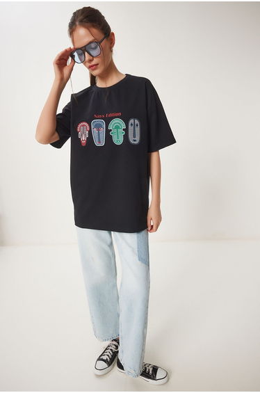 Women's Black Oversize Printed Knitted T-Shirt