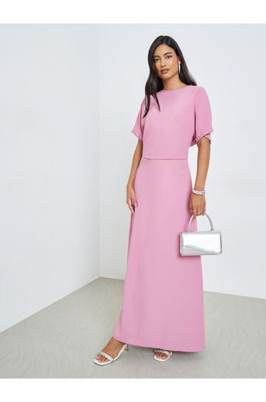 Pink Embellished Short Sleeve Top and Maxi Skirt Co-Ords
