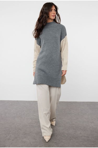 Anthracite Color Block Turtleneck Long Knitwear Sweater