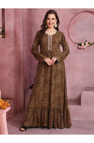 Women Leopard Print Thread Work Detail Jalabiya