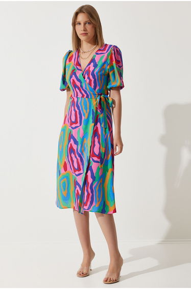 Women's Pink Green Patterned Summer Wrap Viscose Dress