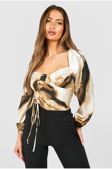 Abstract Printed Satin Ruched Volume Sleeve Corset - black