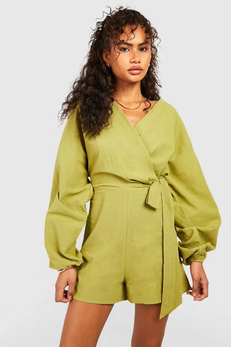 Linen Wrap Over Tie Detail Playsuit - olive - 2