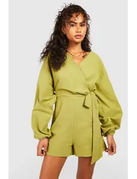Linen Wrap Over Tie Detail Playsuit - olive - 2