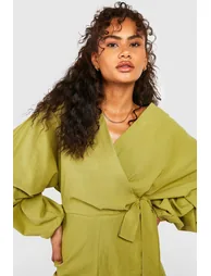 Linen Wrap Over Tie Detail Playsuit - olive - 3