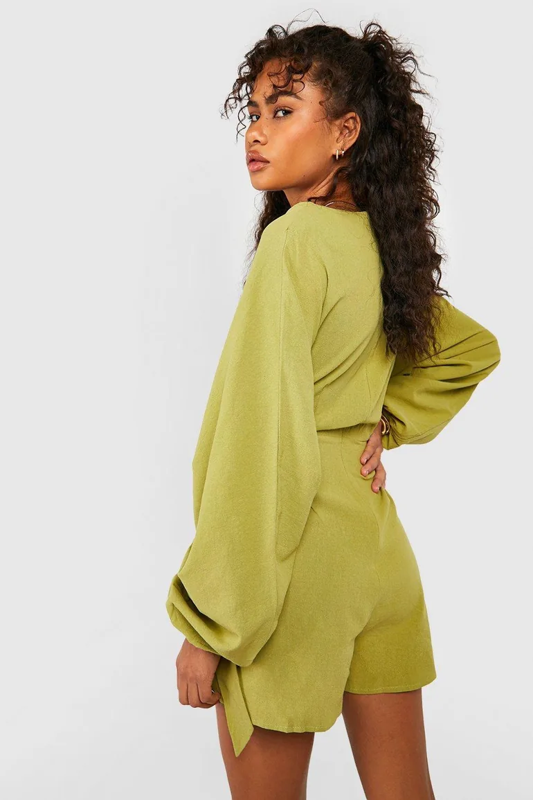 Linen Wrap Over Tie Detail Playsuit - olive - 1