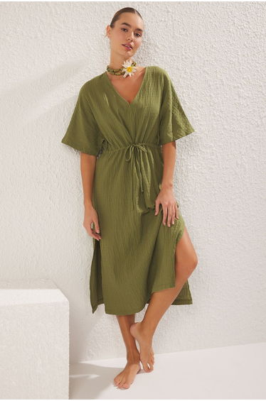 Khaki Midi Woven Gathered Detail Muslin Beach Dress
