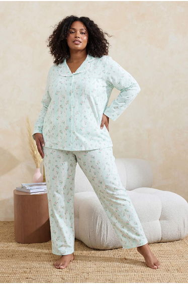 Blue Floral Collar Piped Detail Large Size Pajama Set