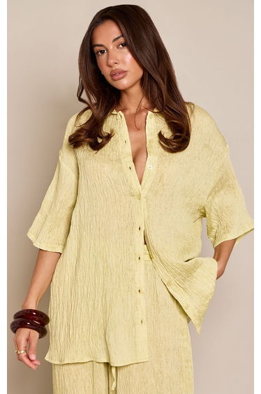Pale Lime Textured Woven Oversized Short Sleeve Shirt Co-ord