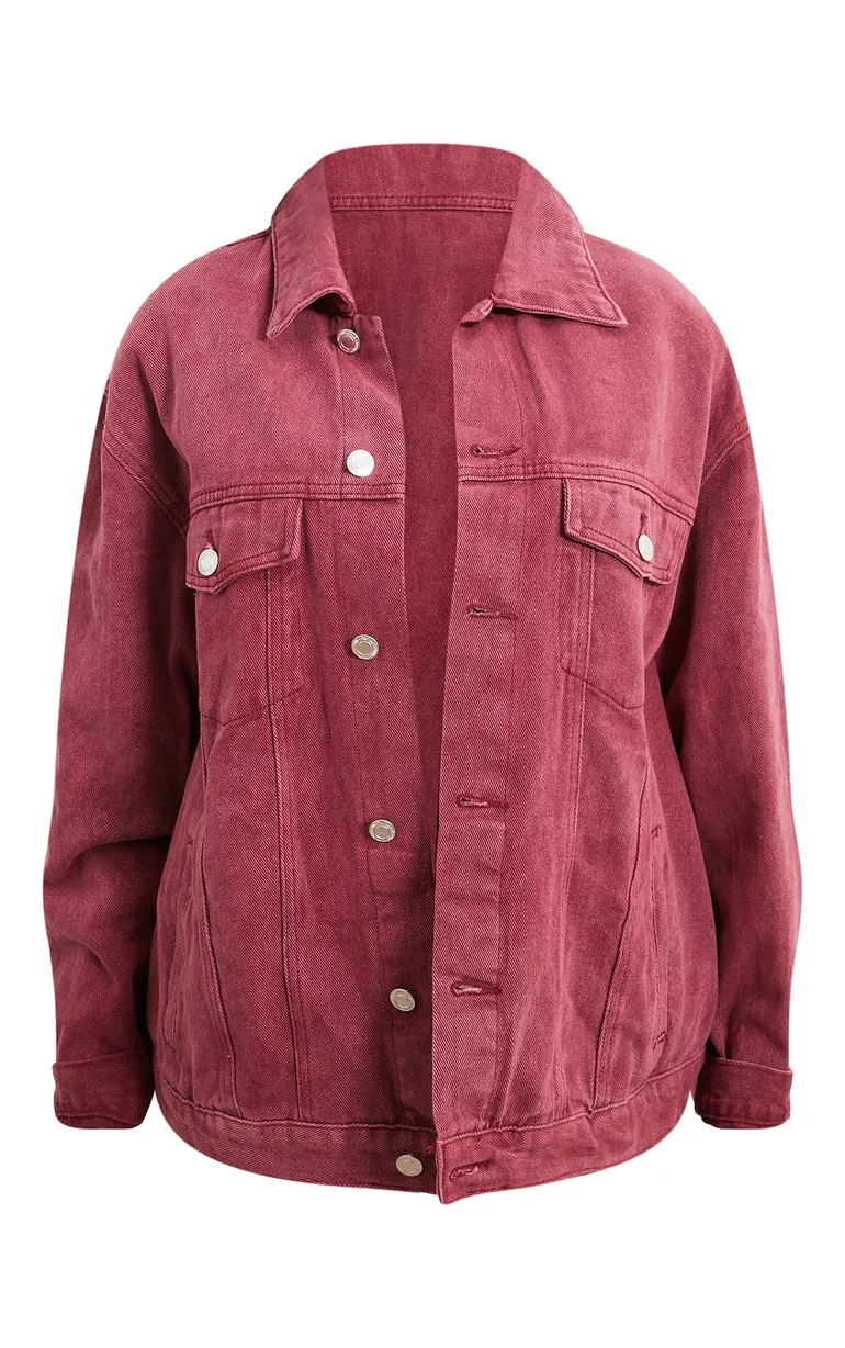 Shop Washed Burgundy Oversized Boyfriend Denim Jacket Online in Oman