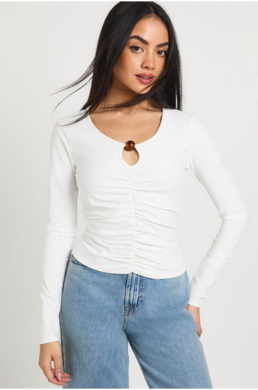 Cotton Touch Ruched Keyhole Long Sleeve Top with Bead Trim - cream
