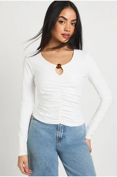 Cotton Touch Ruched Keyhole Long Sleeve Top with Bead Trim - cream