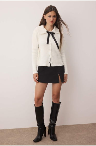 Ecru Soft Textured Ribbon Detailed Knitwear Cardigan